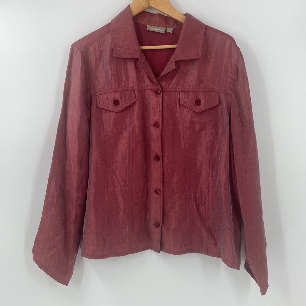 Croft & Barrow dusty pink metallic sheen button down front long sleeve shirt